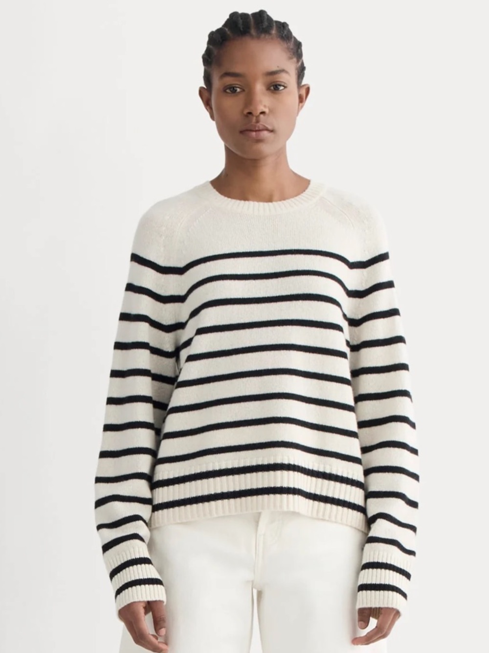 Everlane 100% Cashmere Striped Crewneck Sweater in Cream and Black
